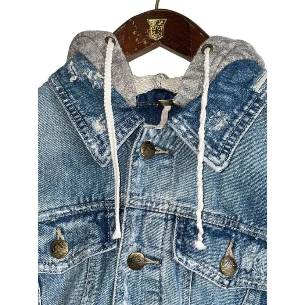 Free People Blue Denim Jacket with Gray Knit Sleeves - Picture 5 of 14